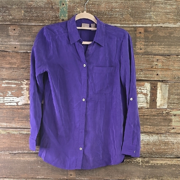 CHICOs Purple Button-Up Shirt with Tab Sleeves, Size 0 (S) - Picture 1 of 4